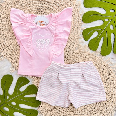 Conj. Blusa Coração com Flores Bordadas e Short Listrado - Rosa
